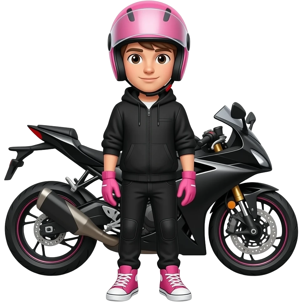a young man with black clothes wearing pink sneaker and pink gloves, he also wears a pink helmet with an  unvisible vision, he stands in front of a black white motorcycle emoji