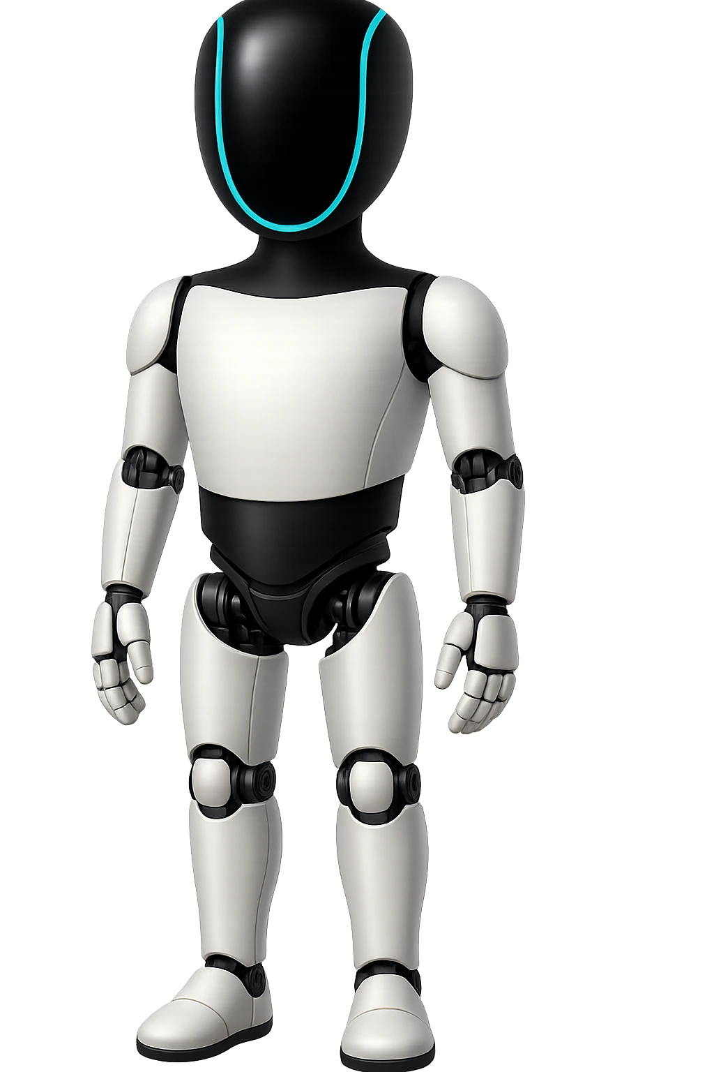 Create a fullbody Tesla robot emoji with the exact head from the reference image. The robot should have arms down pose, relaxed stance, and be in the apple emoji style. The style should be respected as closely as possible in the edit. emoji