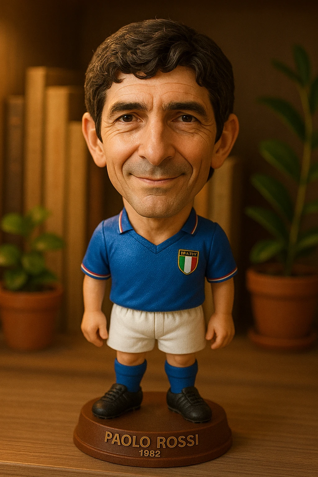 Паоло Росси в форме сборной Италии 1982 смотрит на прямо на зрителя и слегка улыбается, освещение с левой верхней стороны кадра emoji