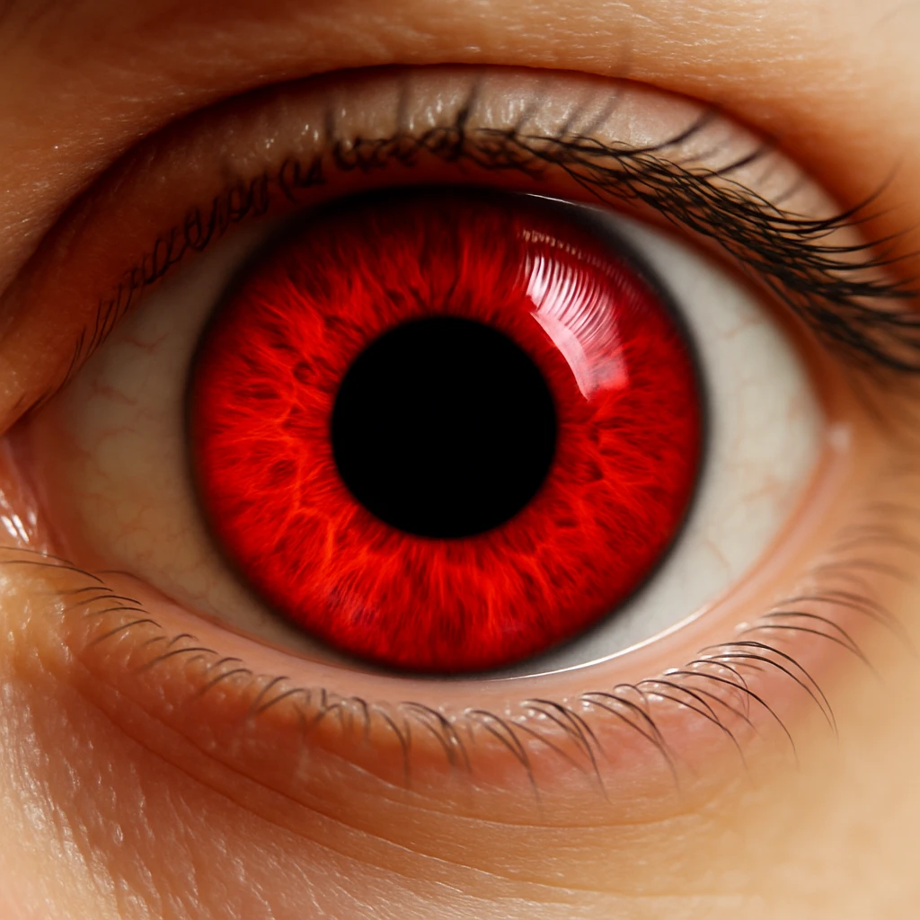 a close-up of a human eye with a vivid red iris and a very large black pupil, extreme focus, plain background emoji