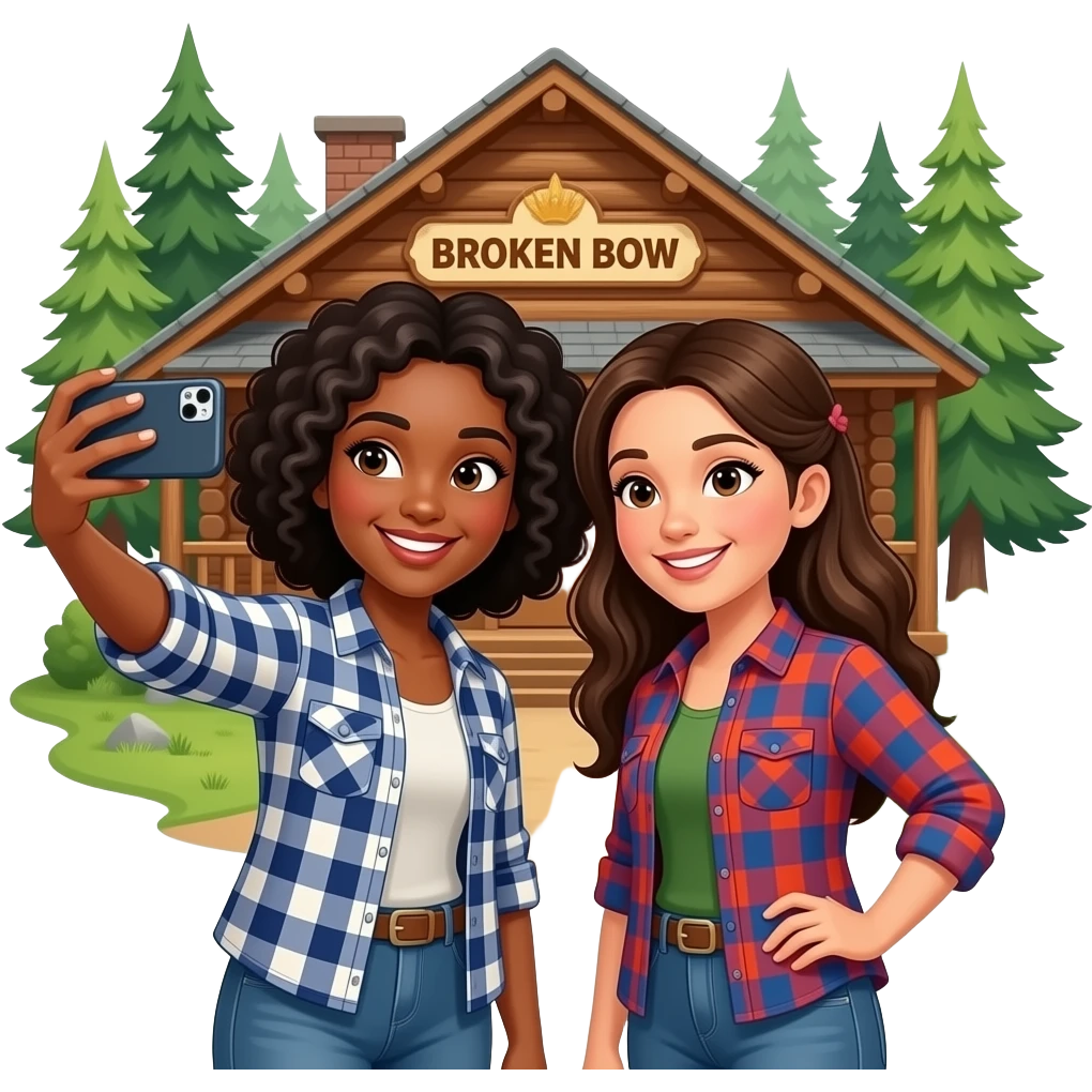 A black girl and spanish girl taking a selfie together in front of a sign that says Broken Bow, in front of a cabin in the woods while wearing flannel emoji