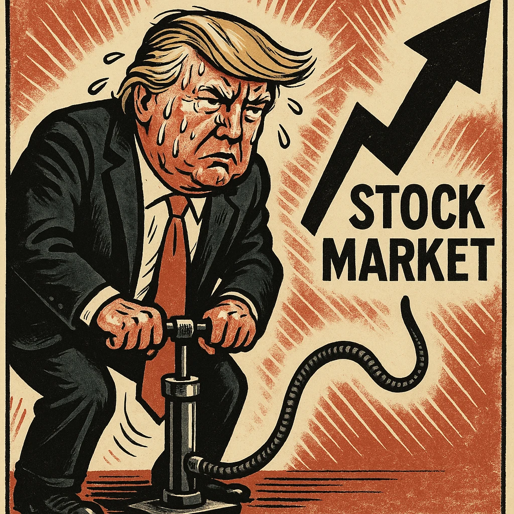 Дональд Трамп в стили пропагандисткой карикатуры в поте лица качает через насос, который подключен к фондовому рынку emoji