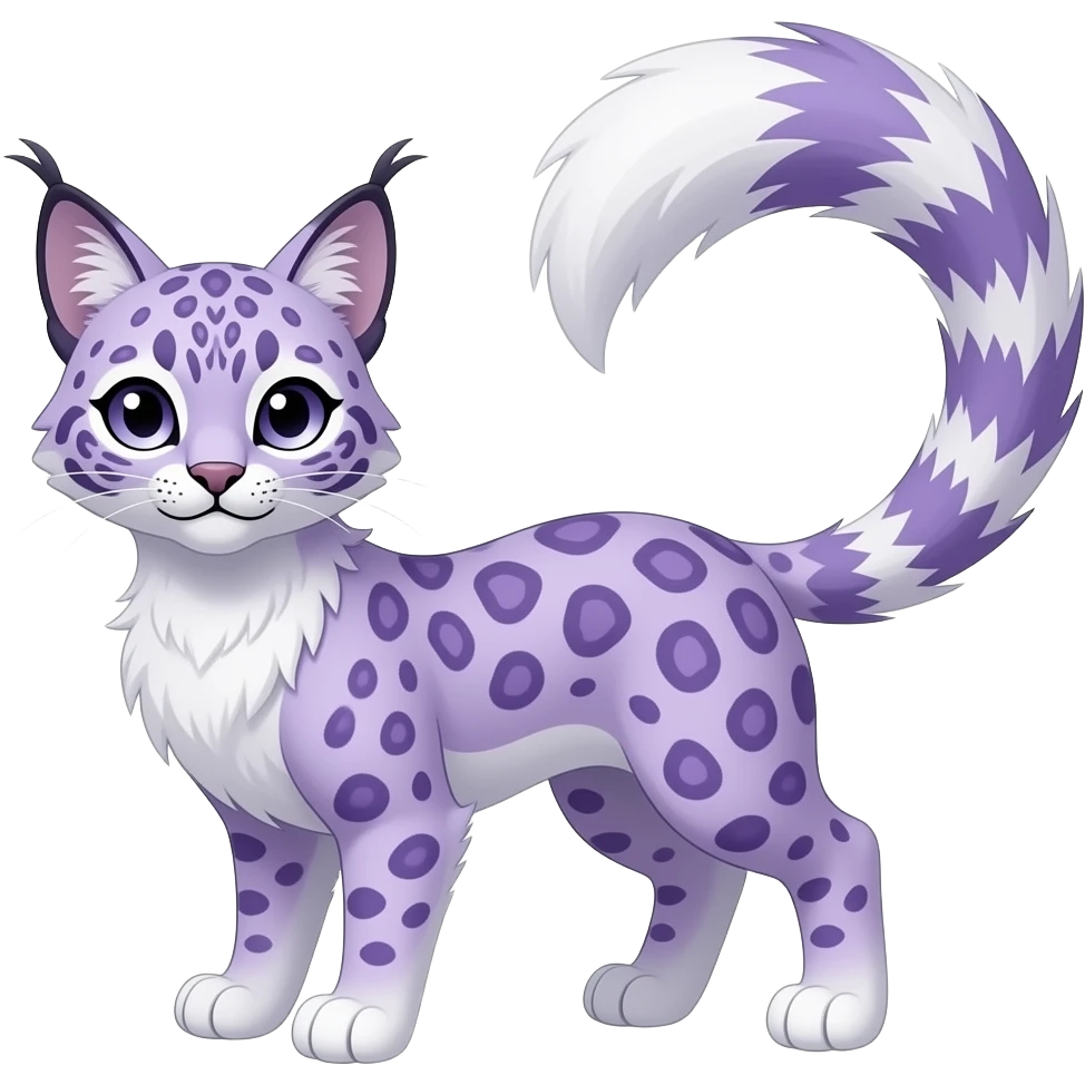 realistic elegant lanky feathery, pastel violet-purple, whitish, fantasy-caracal-civet-snow-leopard-bobcat-genet-animal-Fakémon-hybrid, long thin tufted tail emoji
