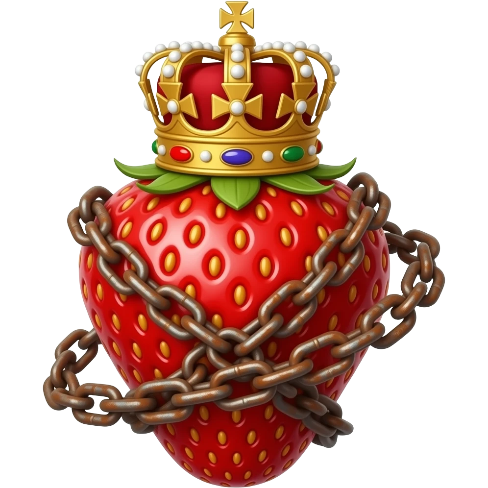 steampunk style - a strawberry made of gold with a rusty, richly decorated English royal crown on top that is flaming. An oversized rusty chain is wrapped around the strawberry's body and is spinning around its body emoji