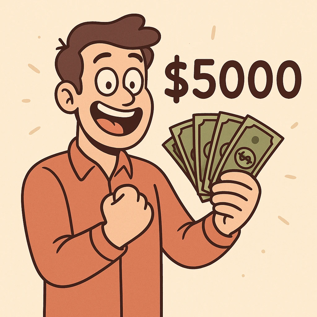 a happy man holding a stack of cash, representing earning $5000, modern clean illustration style emoji