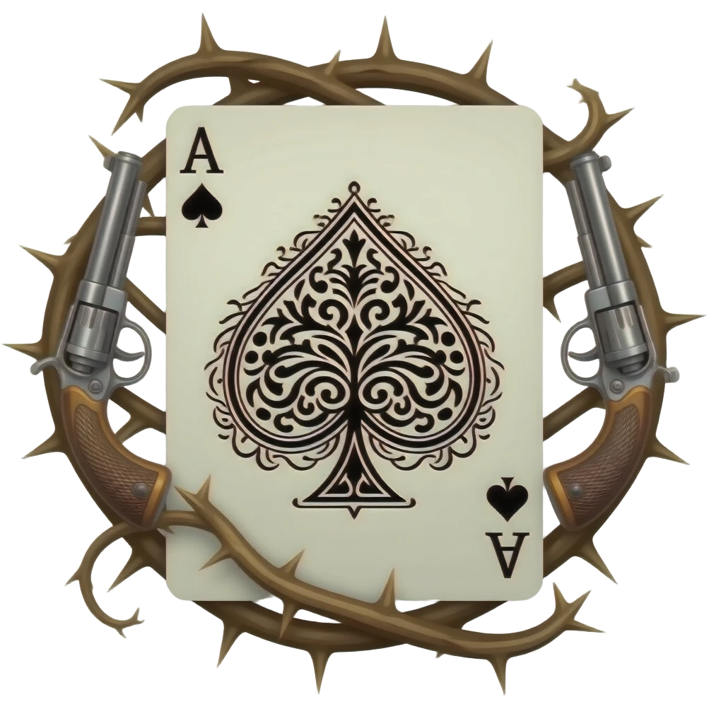 richly ornamented ace of spades surrounded by tendrils of thorns and antique guns emoji