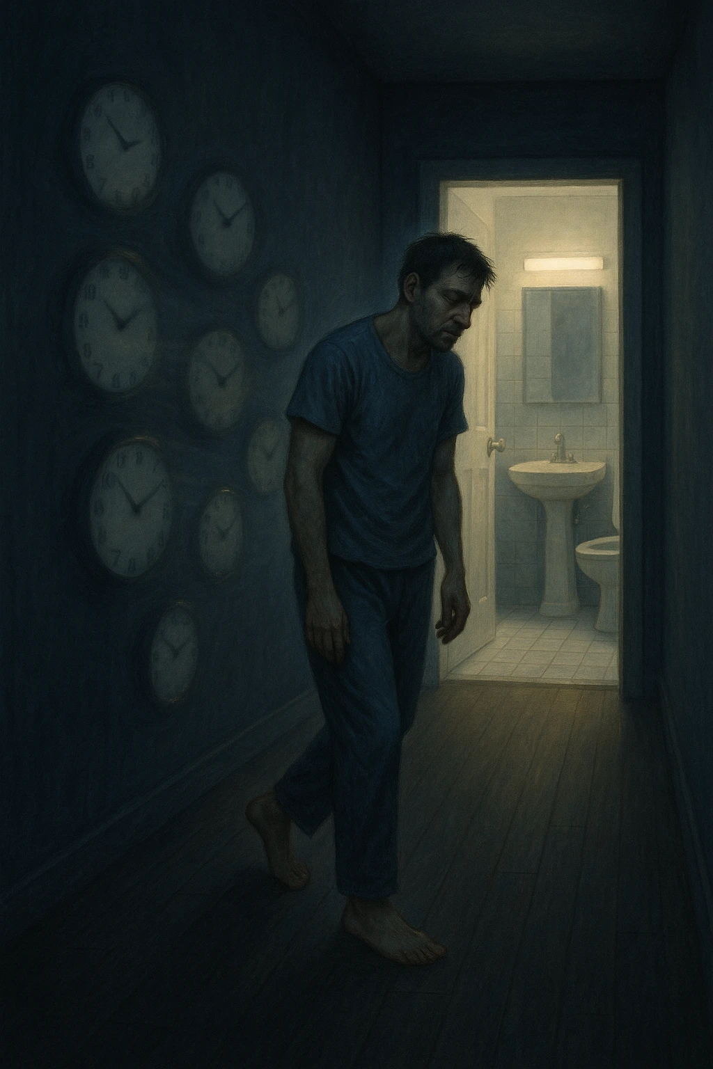 In una scena notturna onirica, un uomo cammina a piedi nudi in un corridoio buio verso un bagno illuminato, ripetutamente. Dietro di lui, come in una scia, ci sono orologi sfocati che simboleggiano il sonno interrotto. Ogni passo è lento, stanco, come se il corpo chiedesse riposo ma la vescica non lo permettesse. emoji