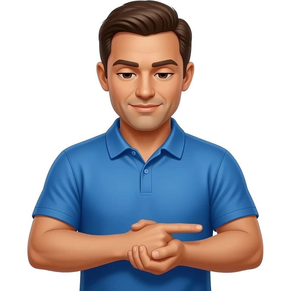 football coach in a blue shirt looking down at his forearm while pointing at his forearm emoji