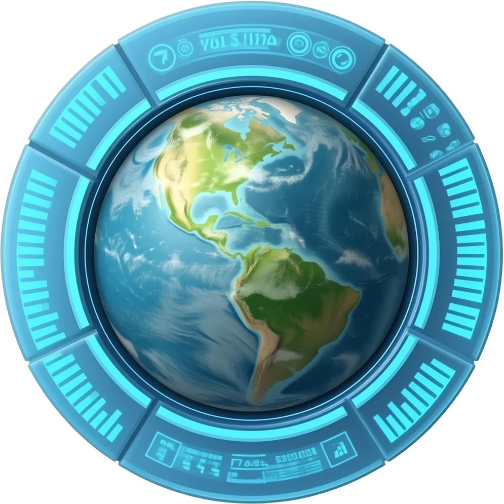 A futuristic HUD showing planet earth and data emoji