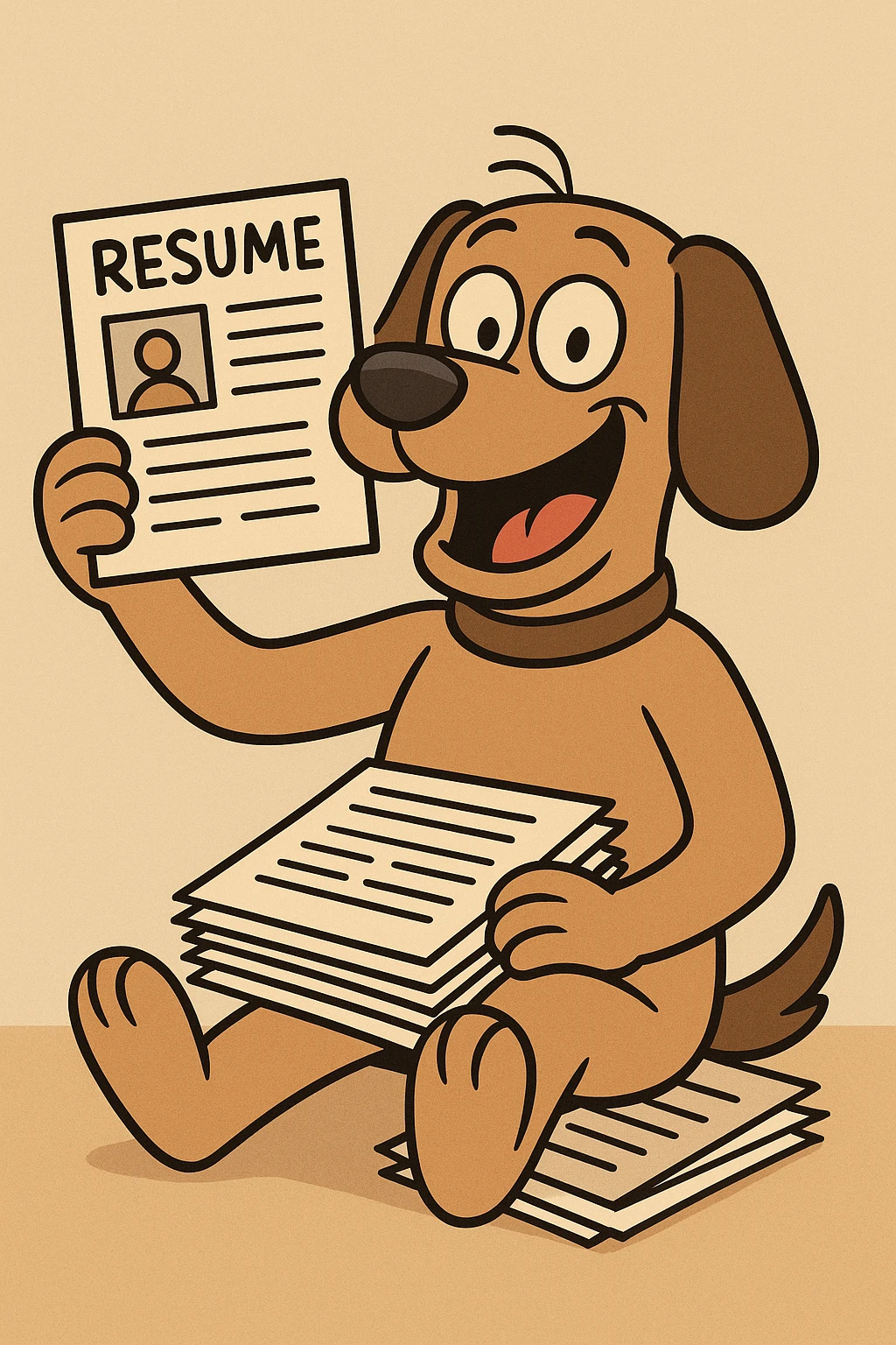 cartoon dog sitting with a pile of resumes in its lap, holding one up proudly, big grin, floppy ears, classic cartoon style, warm and approachable emoji