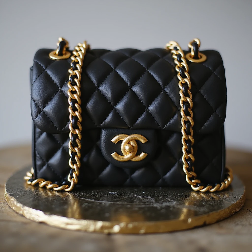 photorealistic Chanel quilted purse cake, black with gold chain, luxury style, no background emoji
