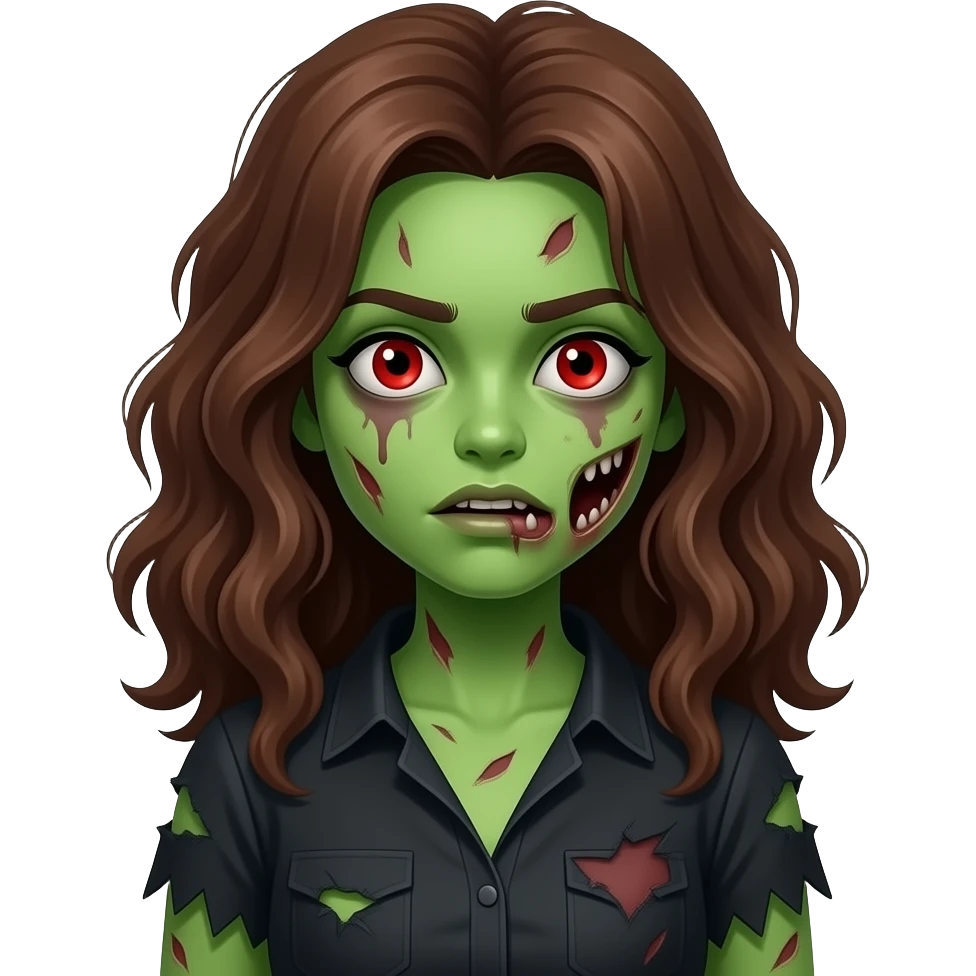 uma menina zumbi de pele verde e estragada com cabelo grande, marrom e ondulado e olhos vermelhos e blusa preta rasgada emoji