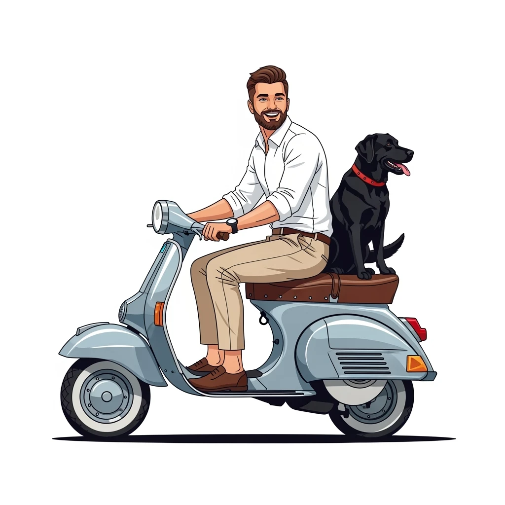 vector art of a man and his pet dog riding a vespa, for website design  emoji