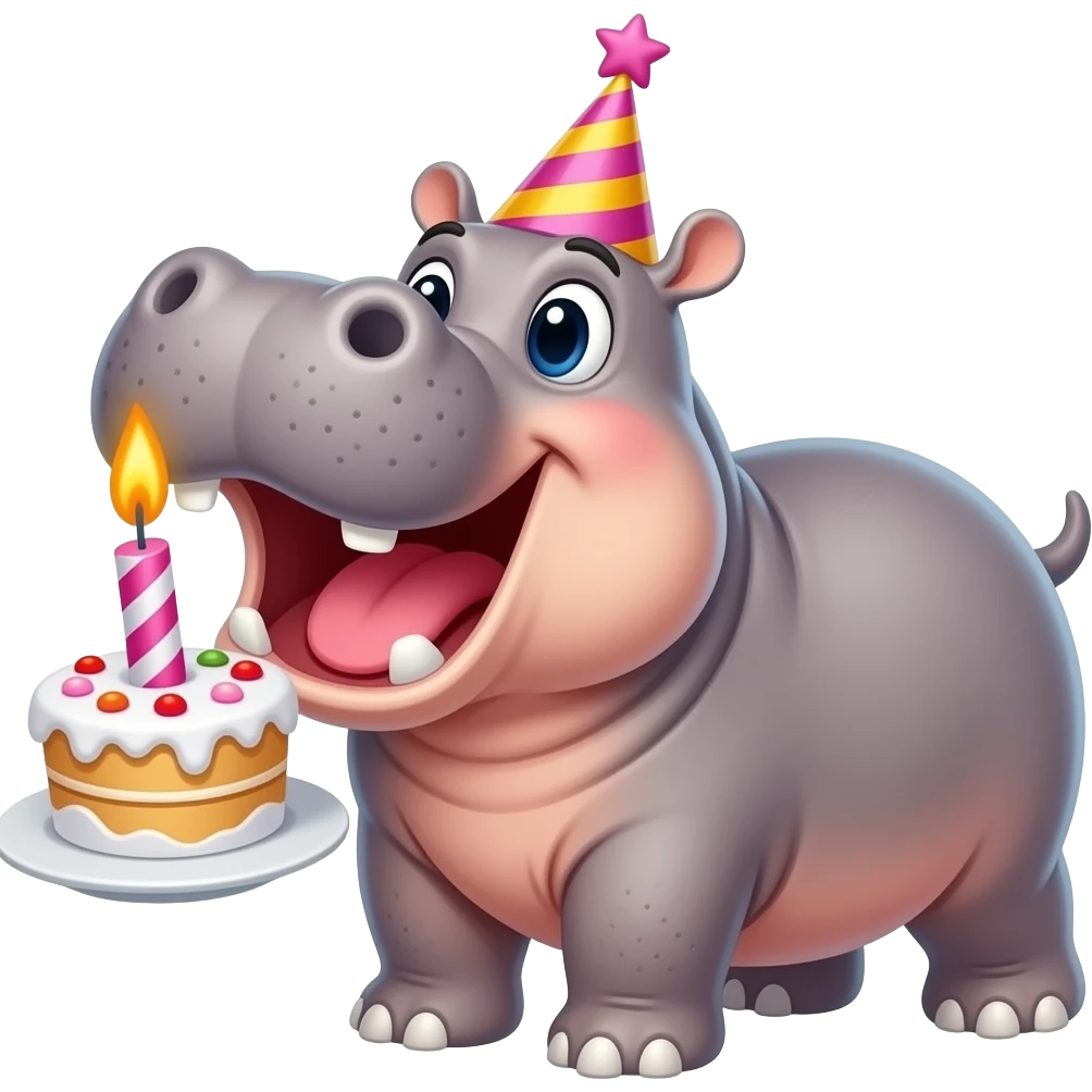 hippo on birthday in birthday festivities celebrating blowing out candles excited emoji