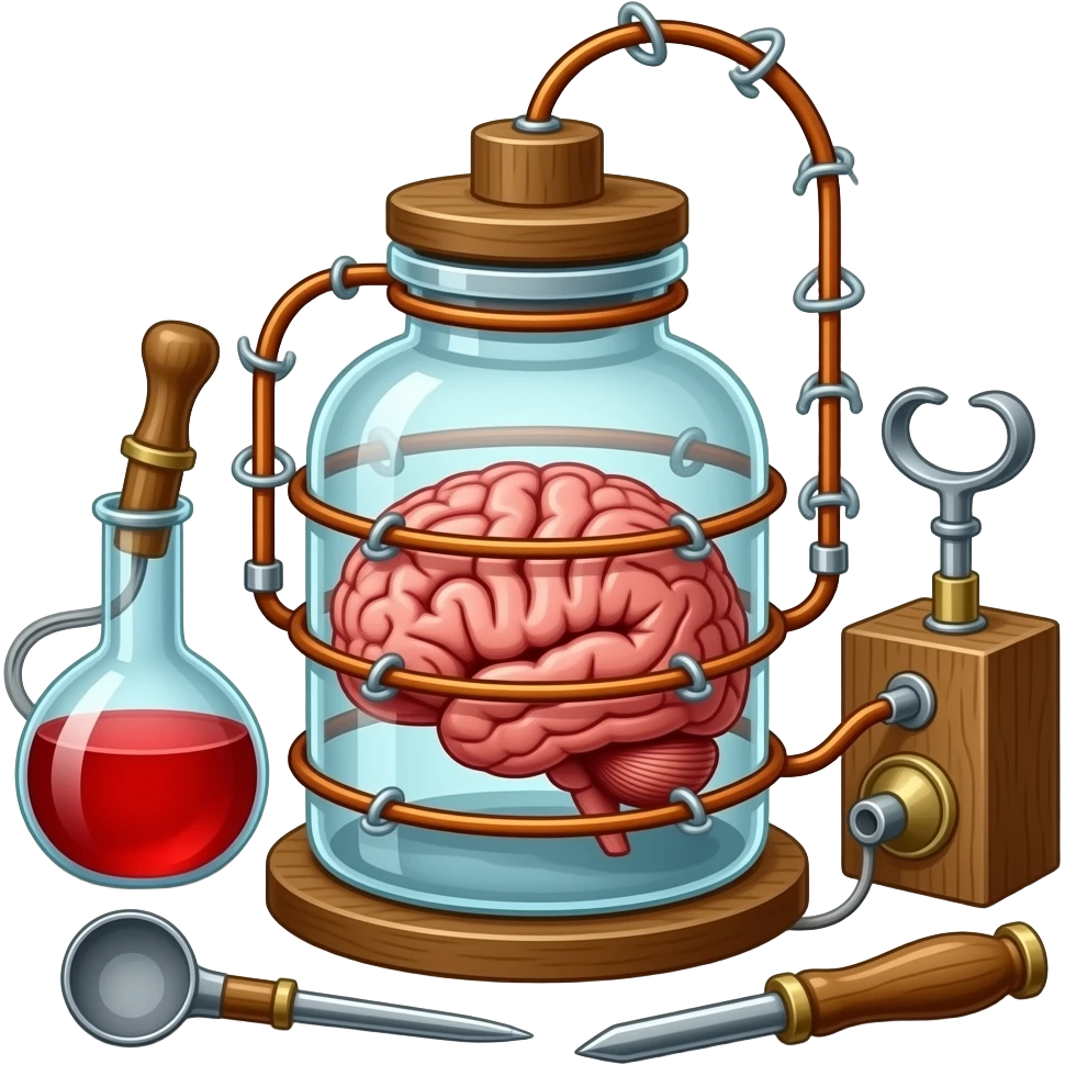 victorian style - a brain placed in medical preparations that is connected to an electrical circuit, a glass jar wrapped in high-voltage wires emoji