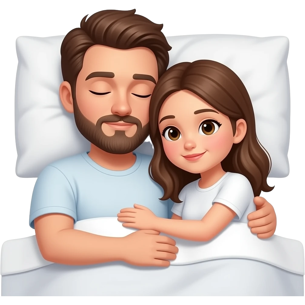 Realistic white man brown hair with beard hugging while sleeping in bed with white girl brown hair emoji