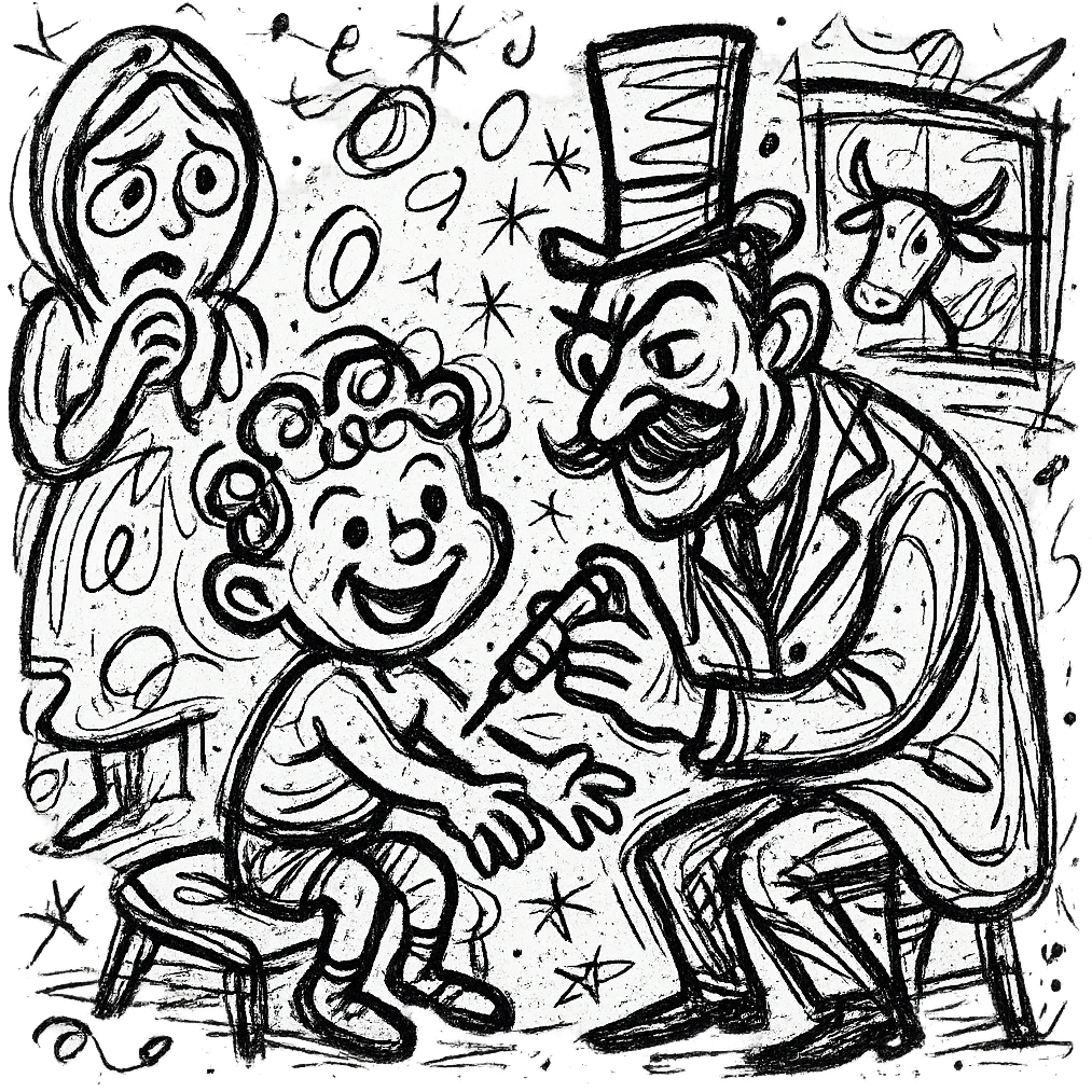 A Victorian doctor giving a young happy poor boy a vaccination with the boy's mother in the background looking worried in their living room. Through the window is a cow emoji