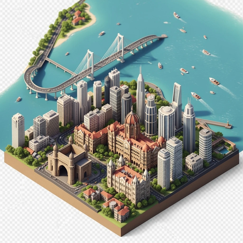 Isometric miniature of Mumbai city, featuring iconic landmarks like Gateway of India, Bandra-Worli Sea Link, Chhatrapati Shivaji Terminus,  clustered high-rises and skyscrapers, 3D miniature effect and Tilt Shift effect, no cartoonish look, transparent background. emoji