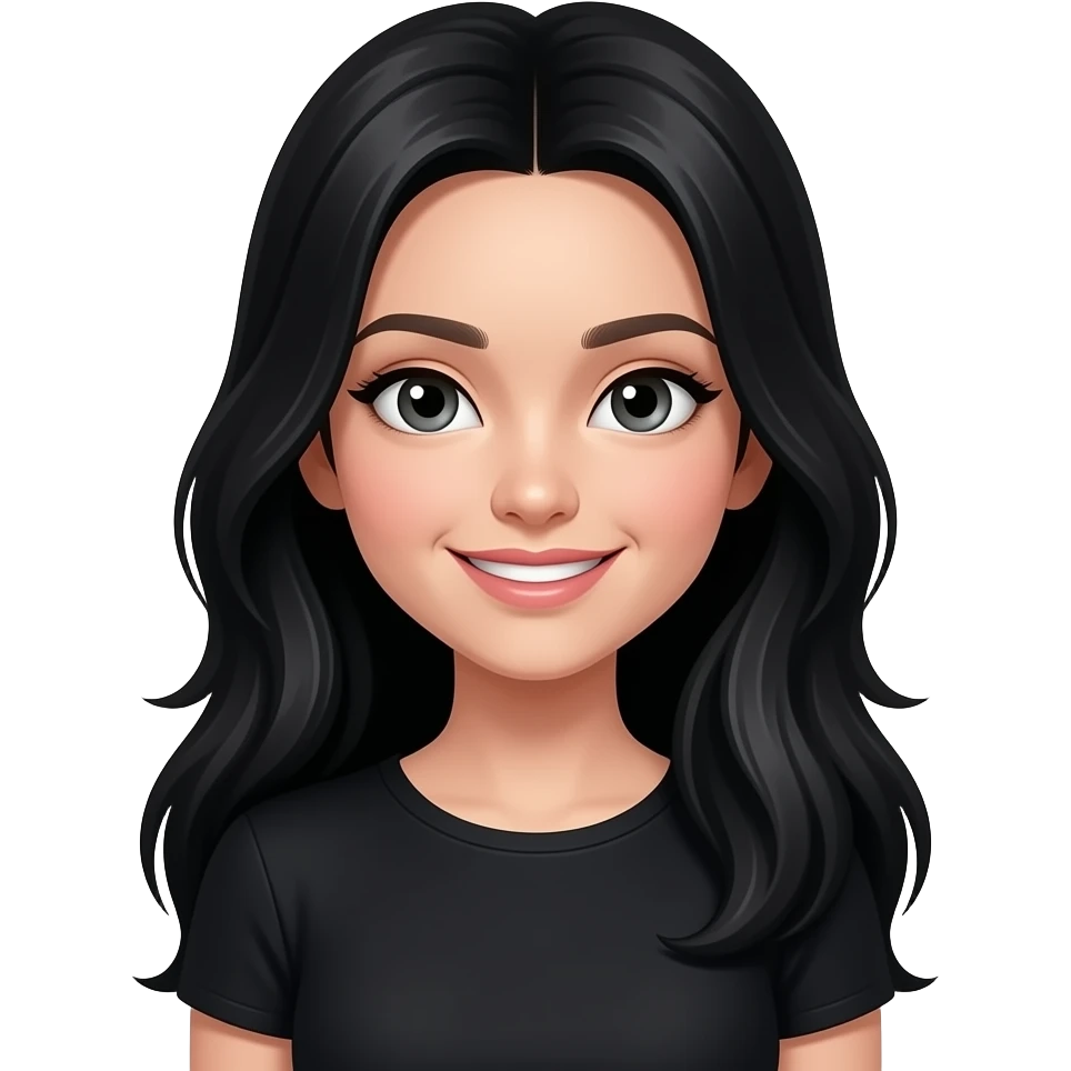 Girl with black and long hair with black clothes. The girl smiles slyly emoji