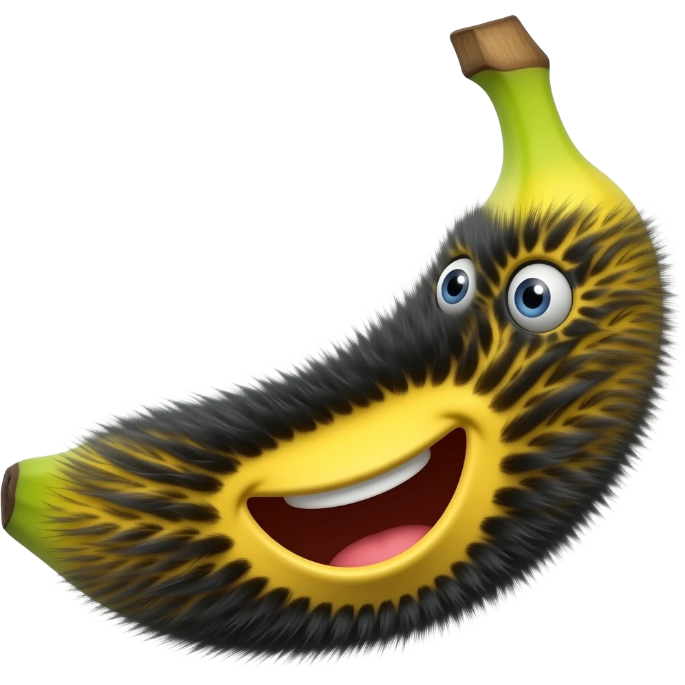 The emoji depicts a smiling, very hairy banana, the banana being thickly and abundantly covered in black animal hair. emoji