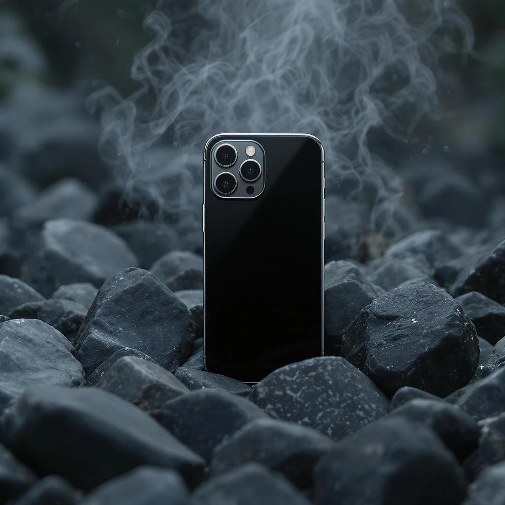 Iphone 16pro around black stones, cinematic shot emoji