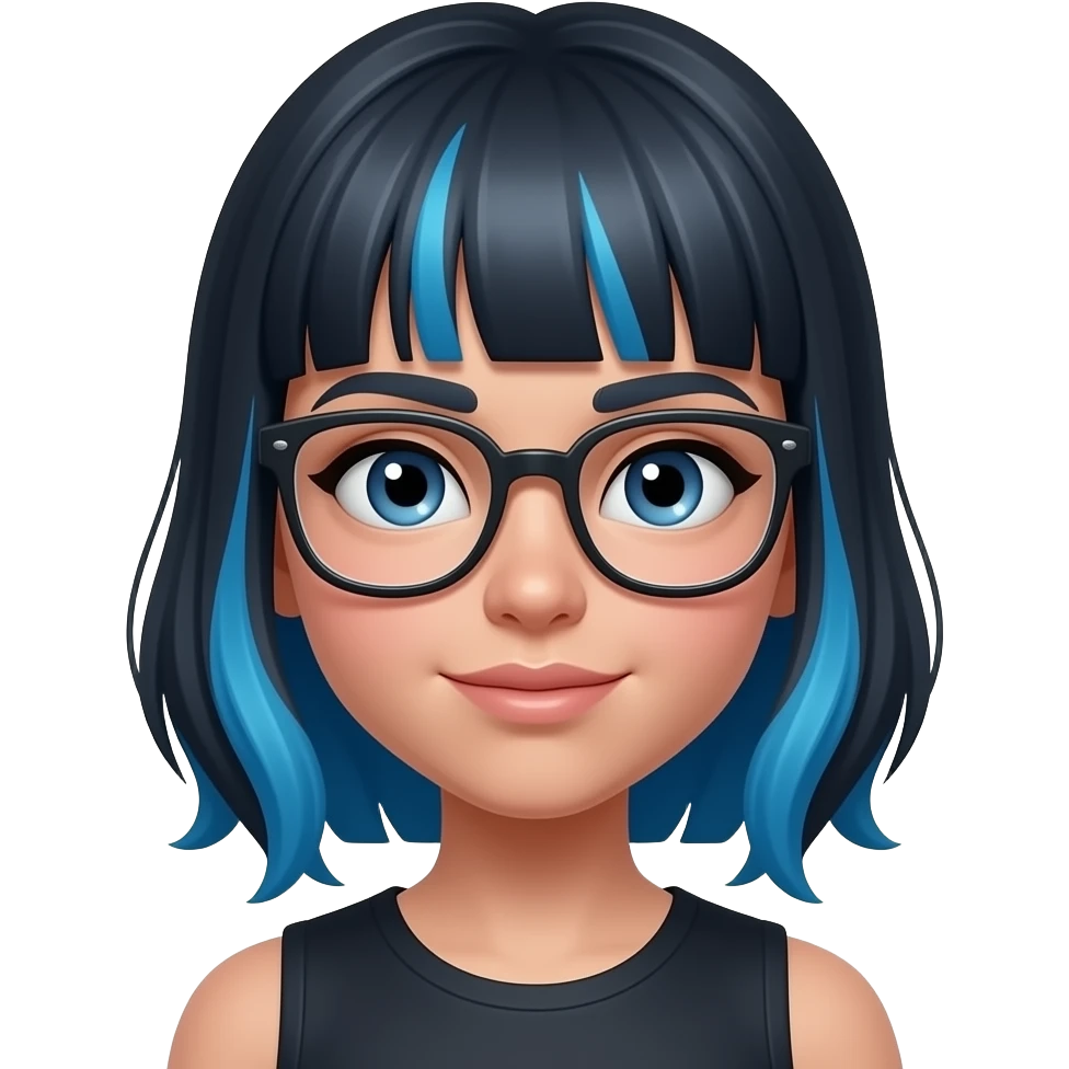Chica de piel blanquita con mechas azules lentes y pircing en la ceja emoji