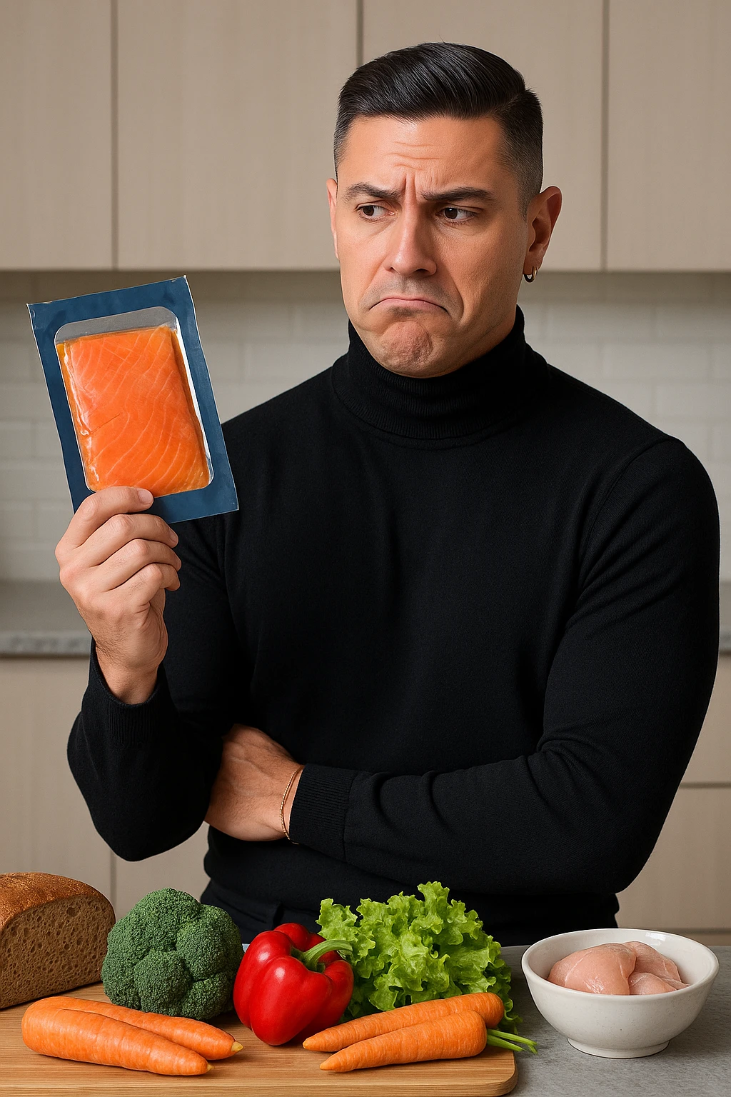 a man stands in his kitchen, holding a package of smoked salmon in one hand. He looks at it with a doubtful, slightly disapproving expression—eyebrows raised and lips pressed together. On the counter behind him, fresh vegetables and healthier protein options are visible, emphasizing his awareness of better choices. The mood is reflective and subtly critical. emoji