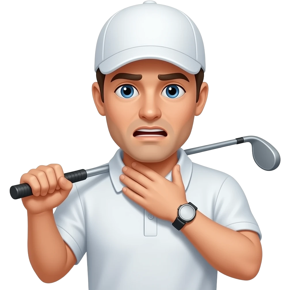 Man holding his neck choking  white golf hatwith two hands golf club emoji