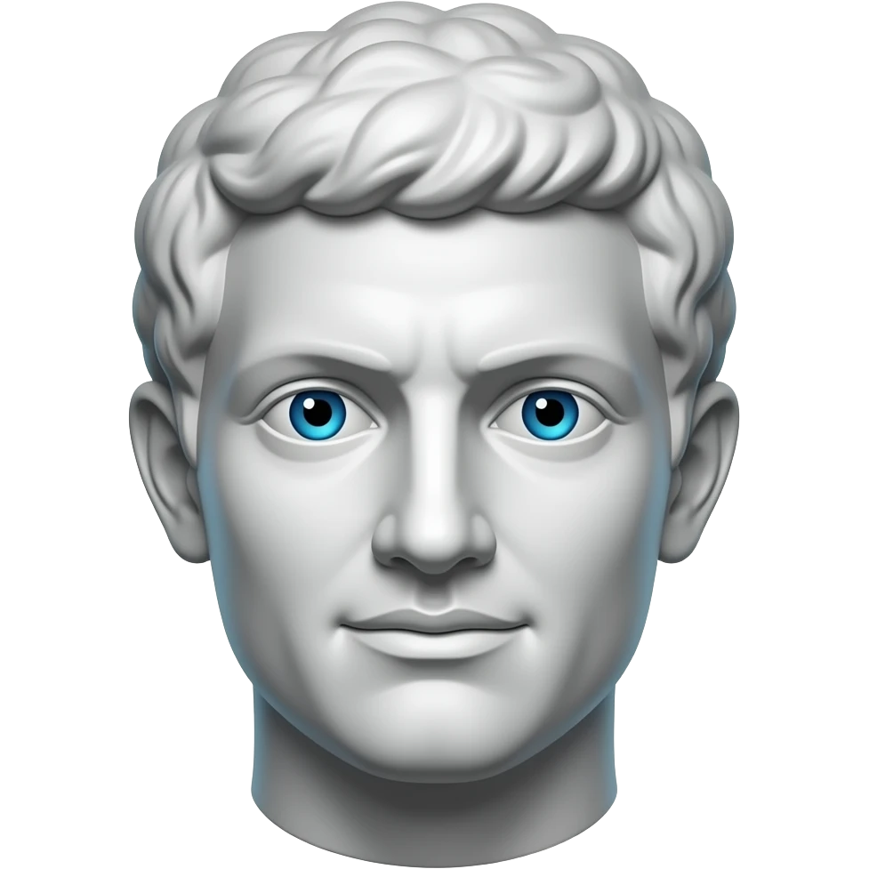 "A glass/chrome stoic Greek statue head, front-facing, serious focused expression, subtile smile, glowing cyan (#00D4B1) eyes, dark background. Chrome reflections, subtle cyan light accents. Clean, no background, emoji style, high detail. The statue represents discipline, focus, self-mastery." emoji