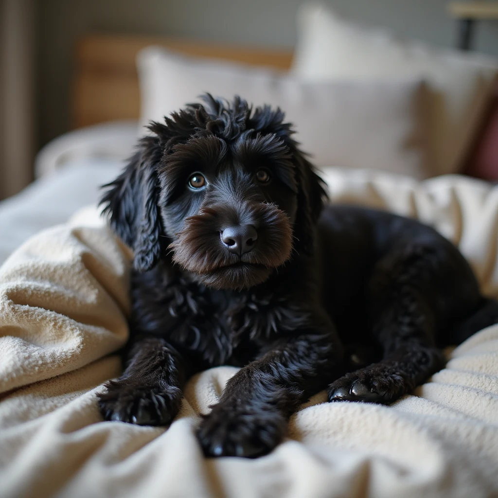 photorealistic black doodle dog lying on a cozy blanket in a home interior, accurate details emoji