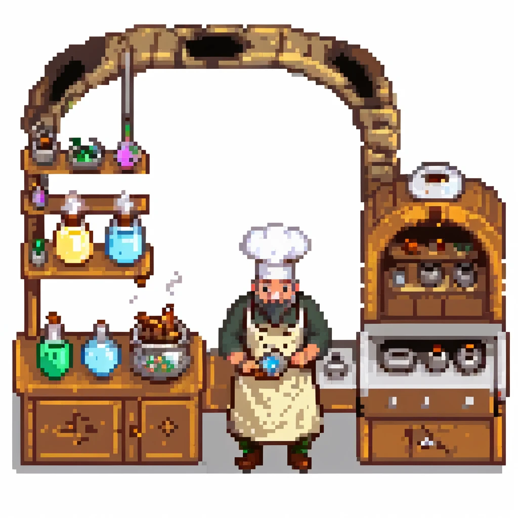 Ein magischer Bäcker mit gläsernen Kolben, dampfenden Mischungen und einem Ofen mit Messingverzierungen. Die UI hat Texturen wie altes Pergament, Rauchschwaden als Hover-Effekt, und Buttons wie Kristallknöpfe.
 emoji