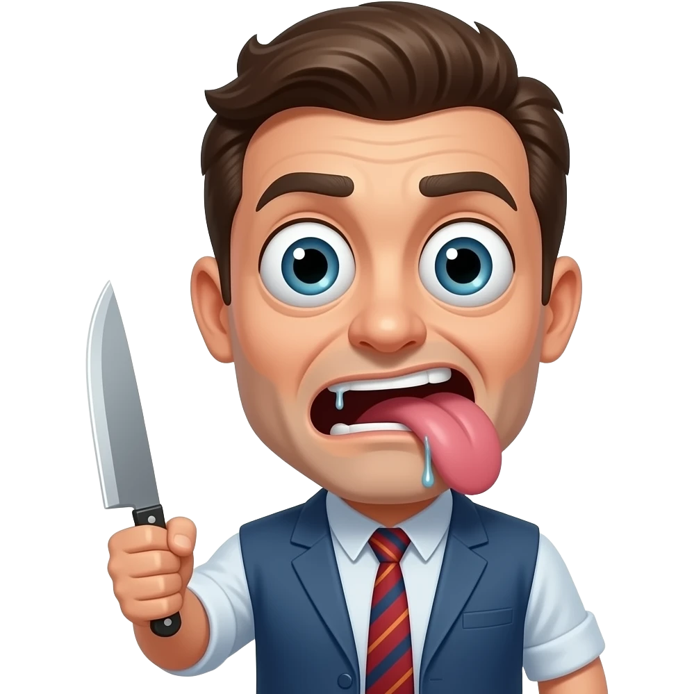 man with huge bulging eyes, drooling from mouth with tongue out to the side holding a knife emoji