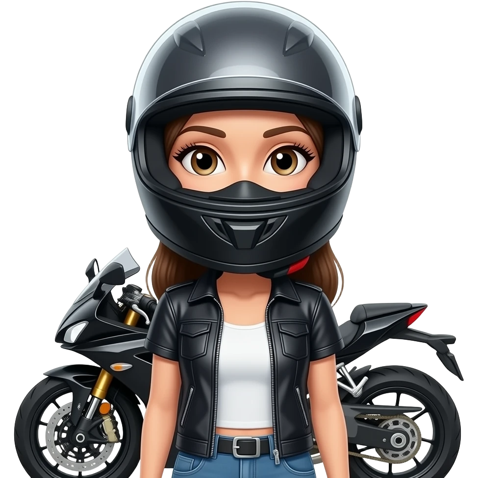 mulher com um capacete de mota que SÓ se ve os seus olhos ou seja a cara é quase toda tapada com o capacete menos os olhos porem aberto e que se veja os cílios bem grandes e a mota ao lado da mulher e a mesma com roupa de motoqueira com os olhos mais relaxados emoji