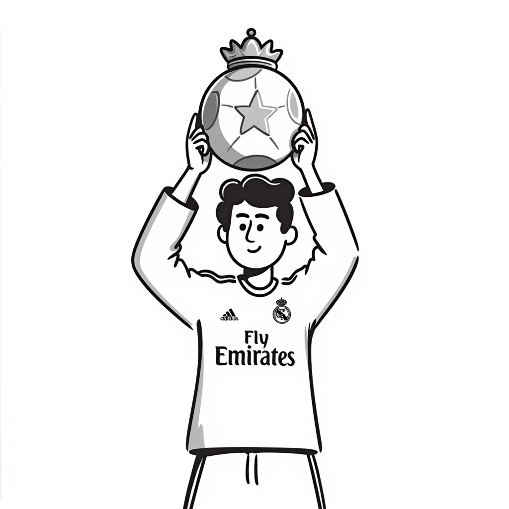 Cristiano Ronaldo in Real Madrid soccer uniform holding the Golden Ball trophy emoji