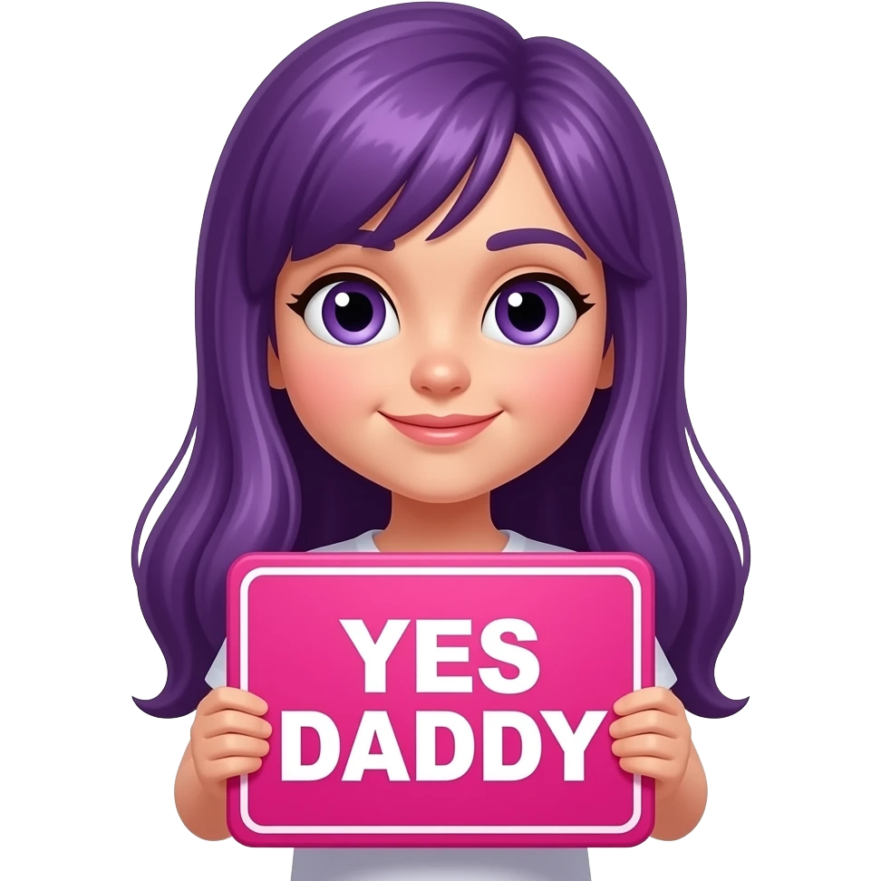 girl with long purple hair with a YES DADDY sign emoji