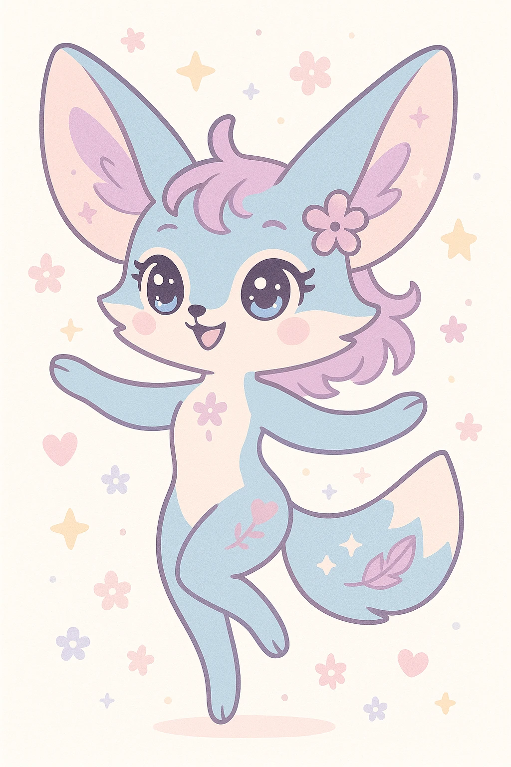 female anthropomorphic fennec fox, unique style blending kawaii and magical elegance, blue and pastel pink fur with fairy mauve highlights, large eyes shining with humor and softness, dynamic and benevolent posture, subtle motifs of stars, flowers, hearts or feathers, embodying hope, harmony, freedom, peace, mutual aid, acceptance, self-confidence, joyful version emoji