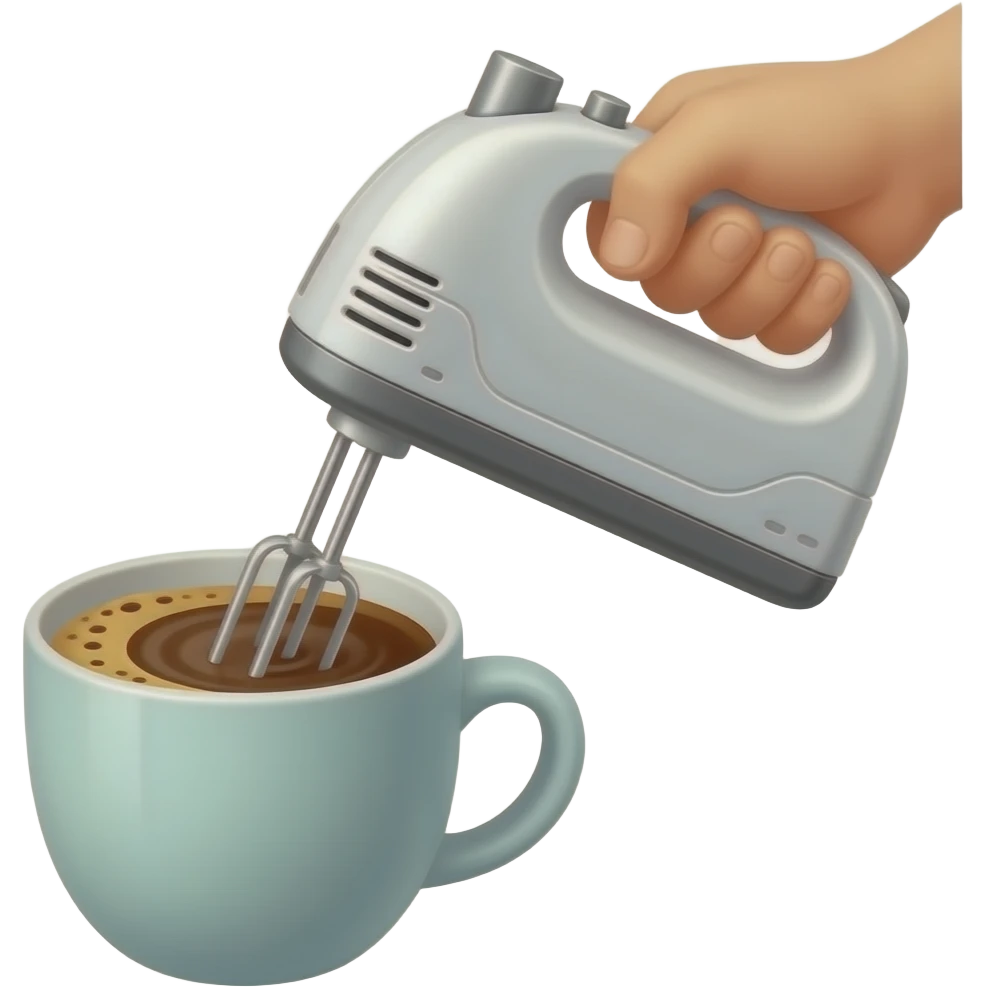 Minimal emoji-style illustration of coffee being mixed with a small handheld electric mixer (compact, fits in one hand). A cup with liquid coffee, visible swirling motion and light foam forming. Clean, simple shapes, warm brown tones, light pastel cup, centered, minimal background. emoji