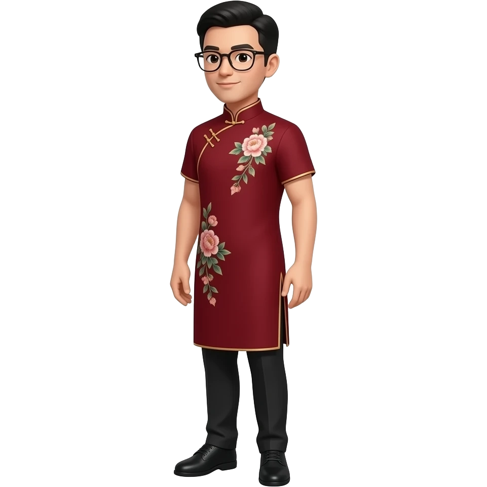 male with glasses in cheongsam. show whole body profile emoji