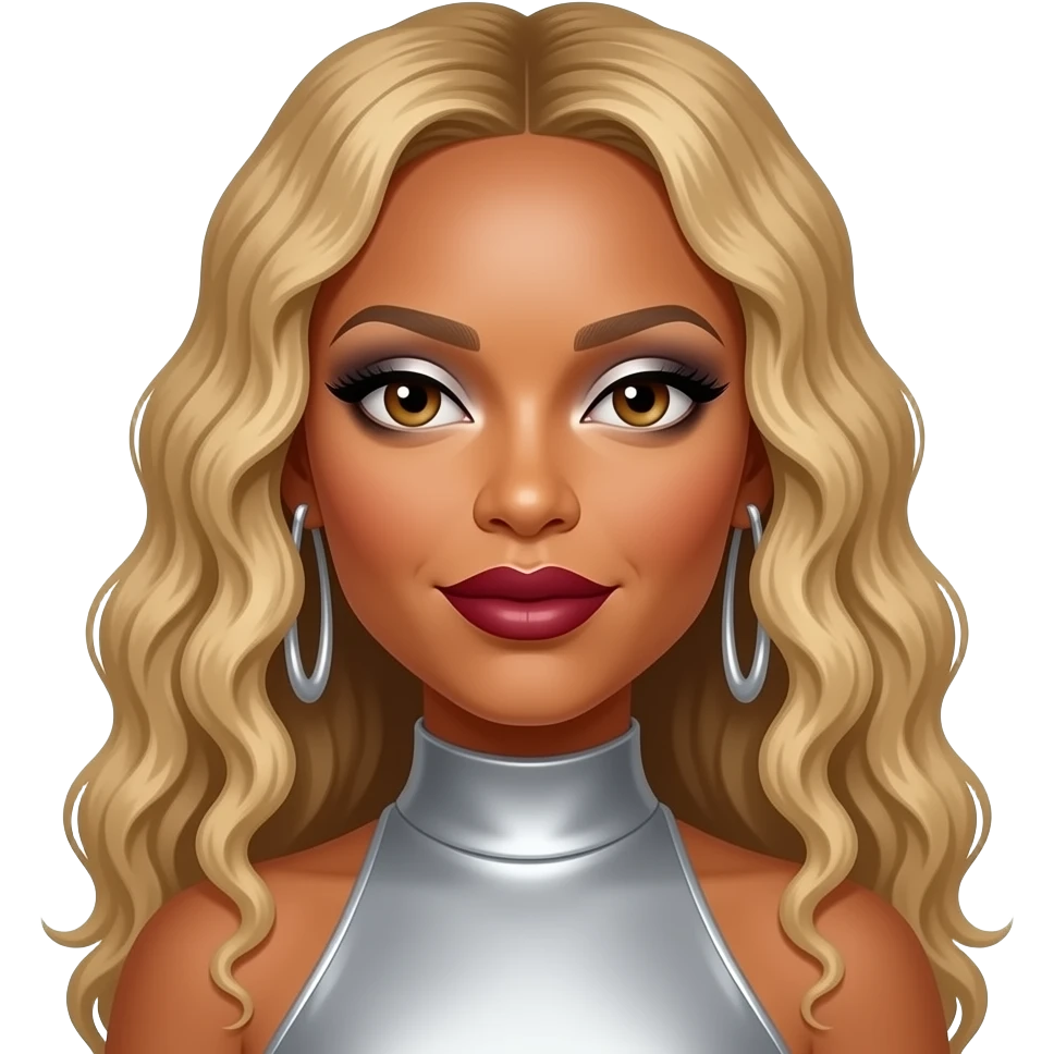 Beyonce from Destiny's Child with hazel eyes, long blonde cornrows with curly ends hair, silver eyeshadow, dark red lipstick, silver high neck dress, silver earrings emoji