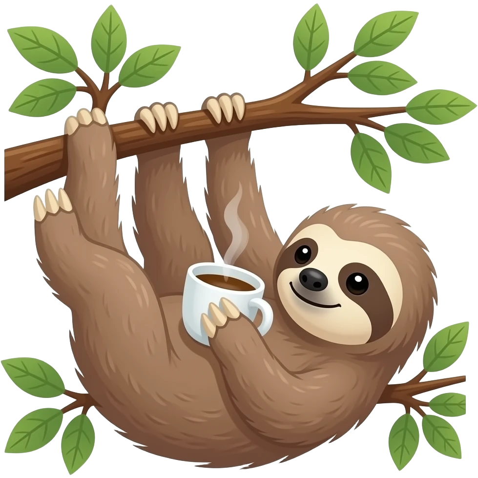 hanging sloth with long limbs big tree drink morning coffee emoji