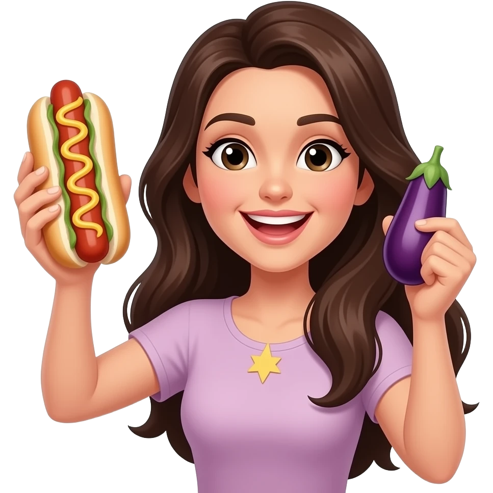 Dark haired brunette woman celebrating a win with an eggplant hot dog emoji