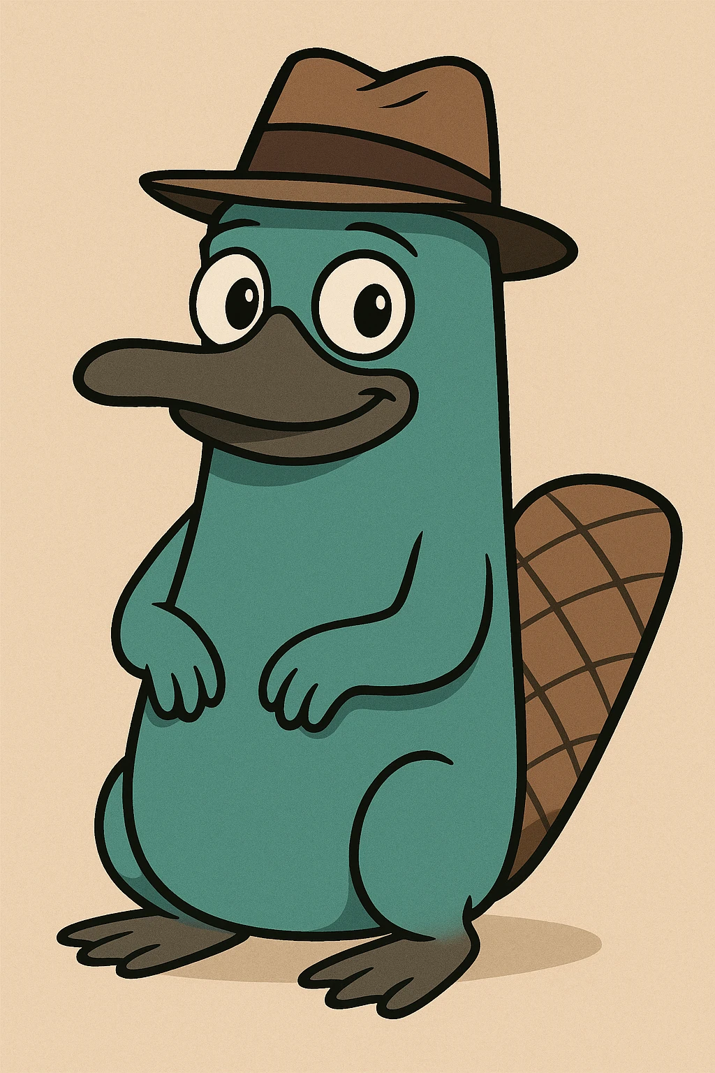teal platypus, brown fedora, cute and friendly, soft colors emoji