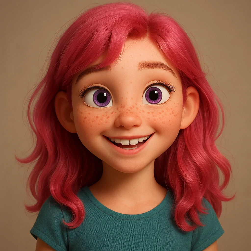 3D Disney-style girl character with pink hair, purple eyes, freckles, smiling, in the style of a Disney animated movie character emoji