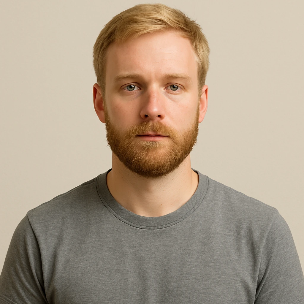blonde guy with a beard, neutral expression, upper body, simple background emoji