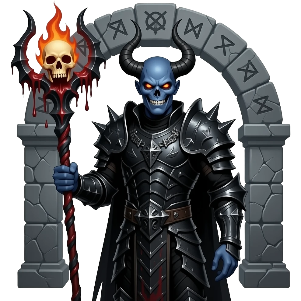 Sattasur, the grim demon gatekeeper, holding a soul-snatching staff, dark blue skin, eyes like burning skulls, intricate but dark armor, ominous entrance background. emoji