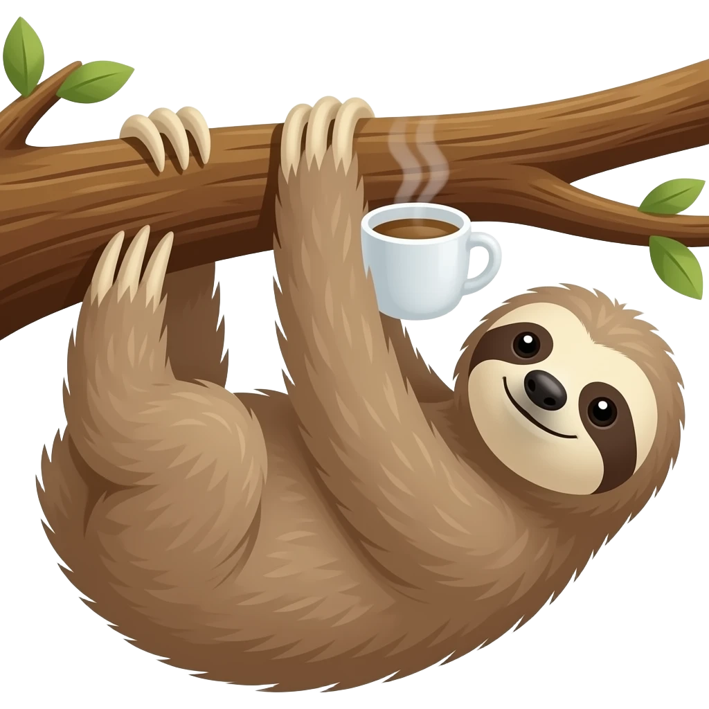 sloth morning coffee big tree branch hanging emoji