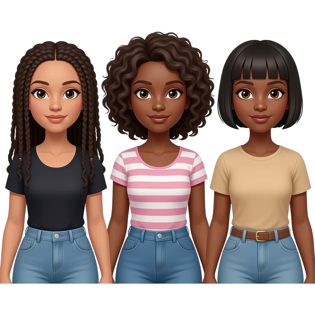 3 black sisters only. One light brown skin with longer locs, other with curly hair and one darker skinned with shortest Short pixie cut emoji