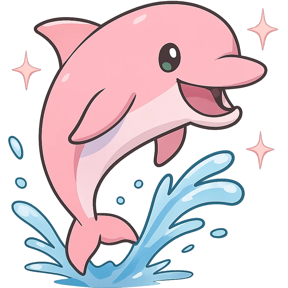 Resize to 128x128 pixels. Pink dolphin enjoying swimming with water effects and a big smile. Keep background transparent. Render in anime style. emoji