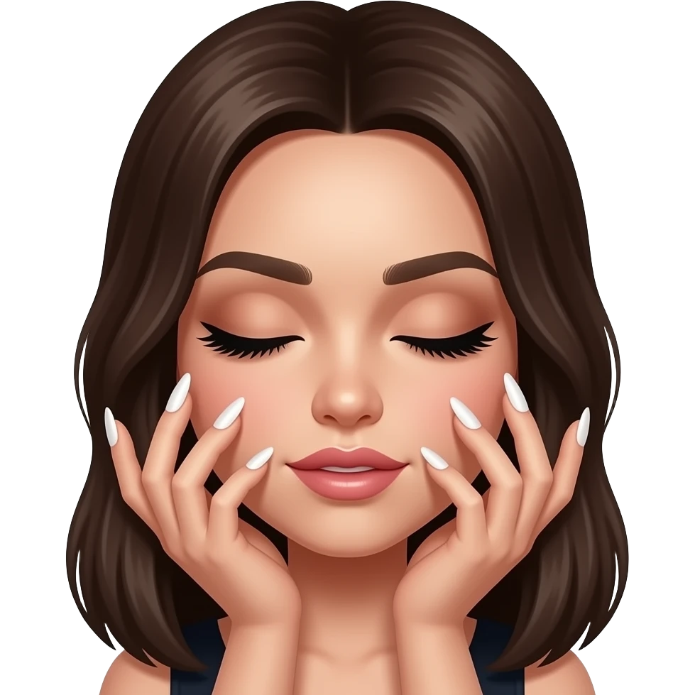 A sassy emoji of a girl with long nails closed eyes with fake lashes realistic lips upside-down eyebrows emoji