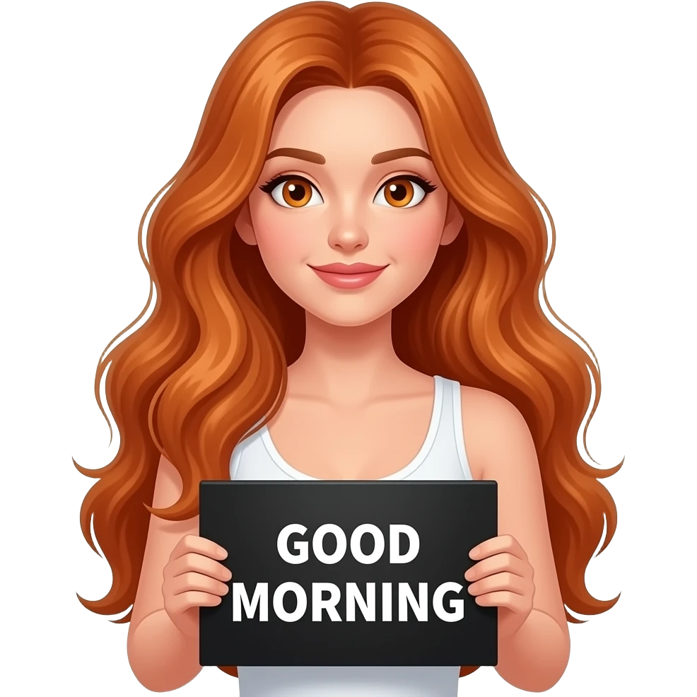 sexy girl with long wavy ginger hair and ginger eyes wearing a white tanktop is holding a black colored sign with GOOD MORNING written on it emoji